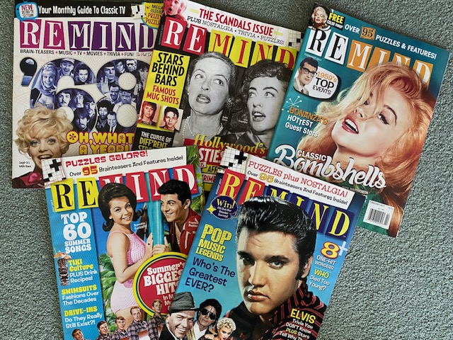 Covers of ReMIND Magazine featuring Elvis, Annette Funicello, Frankie Avalon, Bette Davis, Joan Crawford, Goldie Hawn, Ann-Margret