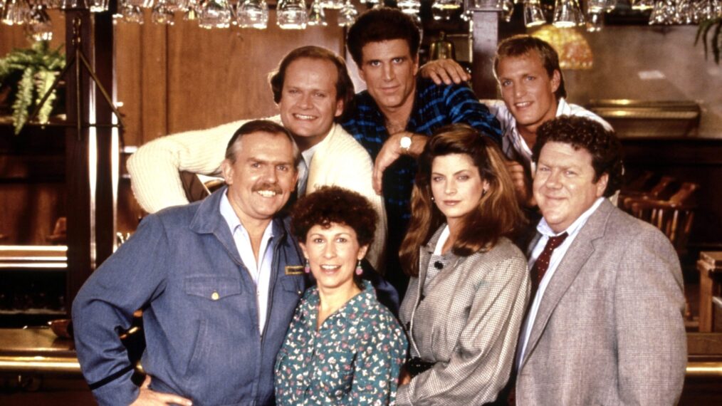 CHEERS, clockwise from left, John Ratzenberger, Kelsey Grammer, Ted Danson, Woody Harrelson, George Wendt, Kirstie Alley, Rhea Perlman, 198293 (1987 photo).