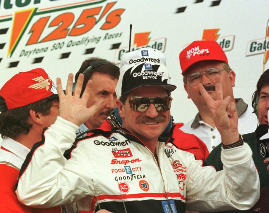 15 Feb 1996: Dale Earnhardt celebrates his seventh Gatorade125 Qualifying race as he chases the remarkable 500th win, at the Daytona International Speedway in Daytona Beach, Florida. 