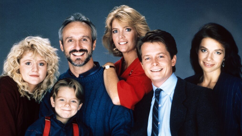 FAMILY TIES, from left: Tina Yothers, Brian Bonsall, Michael Gross, Meredith Baxter, Michael J. Fox, Justine Bateman, 1982-89.