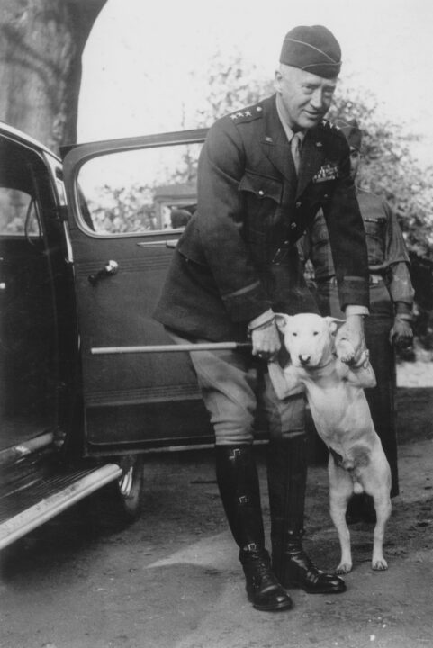 American General George S Patton (1885 - 1945) with his bull terrier Willie, 1944. 