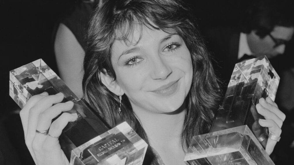 English singer–songwriter, musician, dancer and record producer Kate Bush holding her two awards for 'Best British Female Singer' and 'Best British Newcomer' at the Capital Radio Music Awards ceremony held at the Grosvenor Hotel, London, UK, 6th March 1979