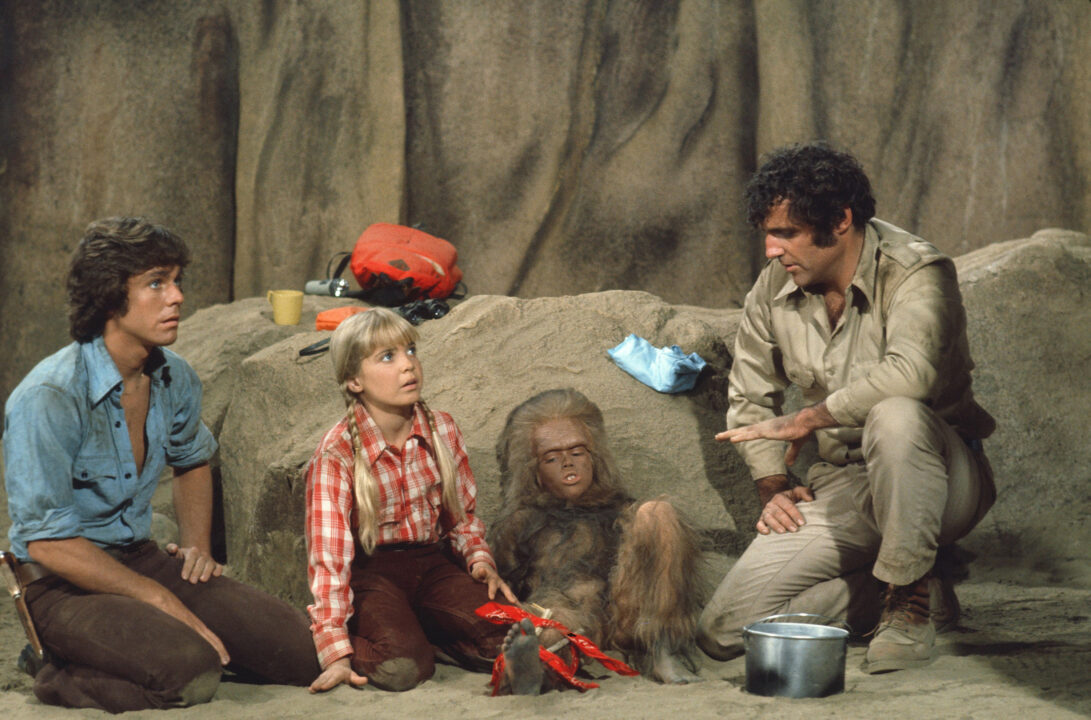 LAND OF THE LOST, (from left): Wesley Eure, Kathy Coleman, Philip Paley (as Cha-Ka), Spencer Milligan, 1974-77.