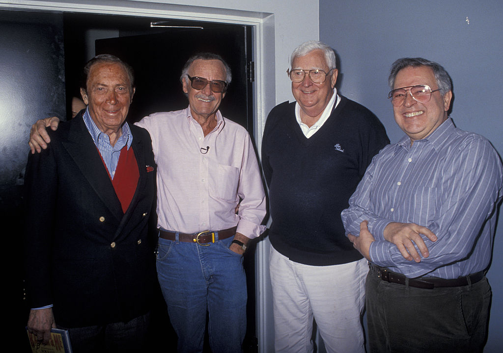 VAN NUYS, CA - JANUARY 31: Comic book mogul Stan Lee, Jack Davis, John Romita Sr. and Bob Kane attending "Comic Book Greats" on January 31, 1992 at Stabur Productions in Van Nuys, California