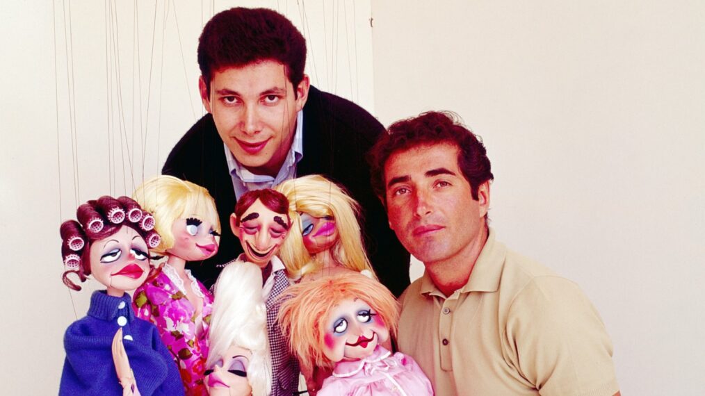 Marty Krofft (left) and Sid Krofft (right), with Krofft Puppets clockwise from left: Judy, Ginger, Monty, Collette, Bertha, Cynthia, 1965