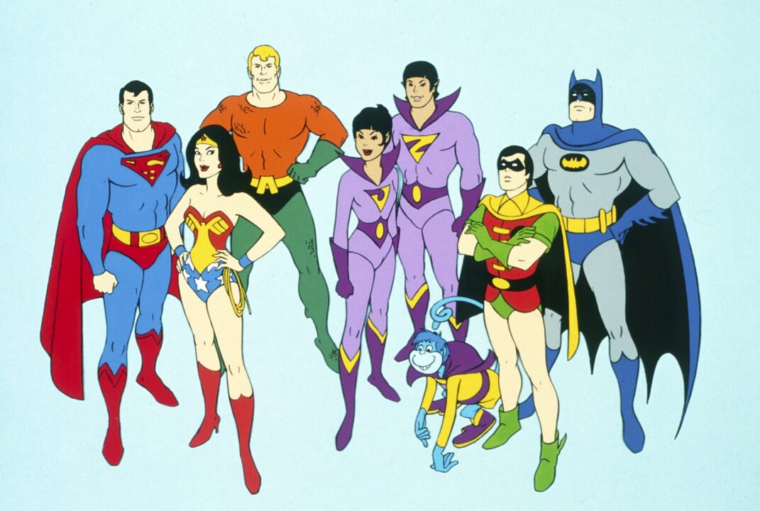 SUPER FRIENDS, from left: Superman, Wonder Woman, Aquaman, Wonder Twins (Jayna and Zan), Gleek, Robin, Batman, 1980-1982