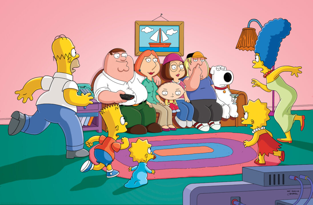 FAMILY GUY, (rear, from left): Peter Griffin, Lois Griffin, Stewie Griffin, Meg Griffin, Chris Griffin, Brian (dog), (front): Homer Simpson, Bart Simpson, Maggie Simpson, Lisa Simpson, Marge Simpson, 'The Simpsons Guy', (Season 13, ep. 1301, aired Sept. 28, 2014). 