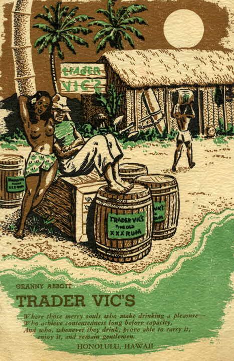 USA - 1939: A menu for Trader Vic's reads "Trader Vic's" from 1939 in USA. 