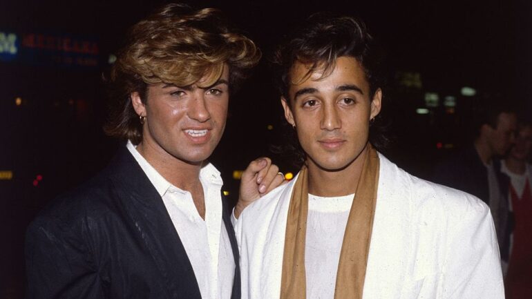 1984: British singer songwriter George Michael, lead singer of the pop group Wham!, with the group's guitarist Andrew Ridgeley at the film premiere of the hit 'Dune'.