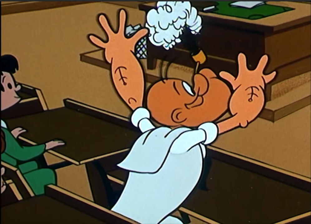 Popeye goes back to school in The Spinach Scholar (Paramount Cartoon Studios, 1960).