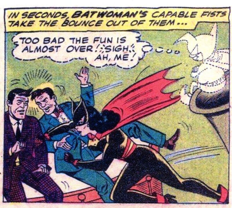 Batwoman's fists stop a pair of thieves as Bat-Mite watches. Detective#276, 1960