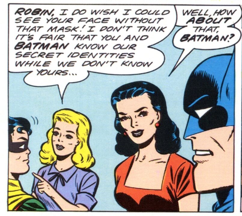 Betty Kane and her Aunt Kathy pose an interesting question to Batman and Robin. Batman#159 (1963)