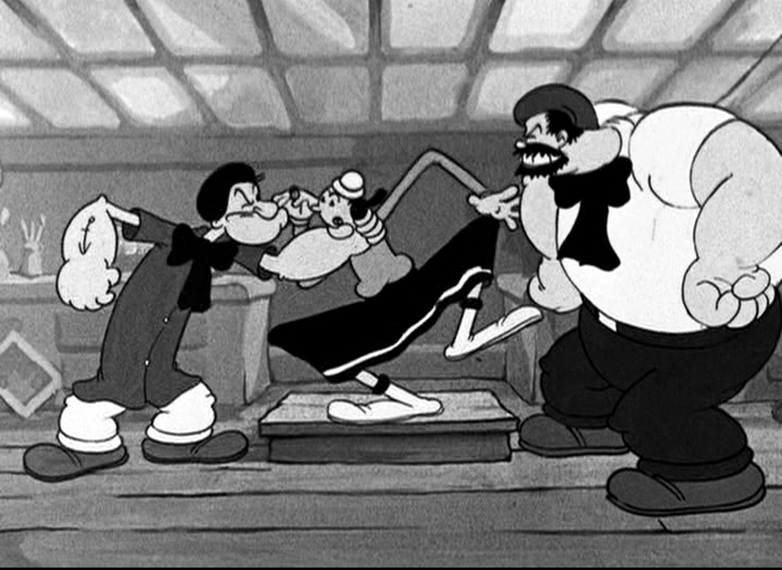 Olive Oyl is caught in the middle between artists Popeye and Bluto in My Artistical Temperature (Fleischer, 1937)