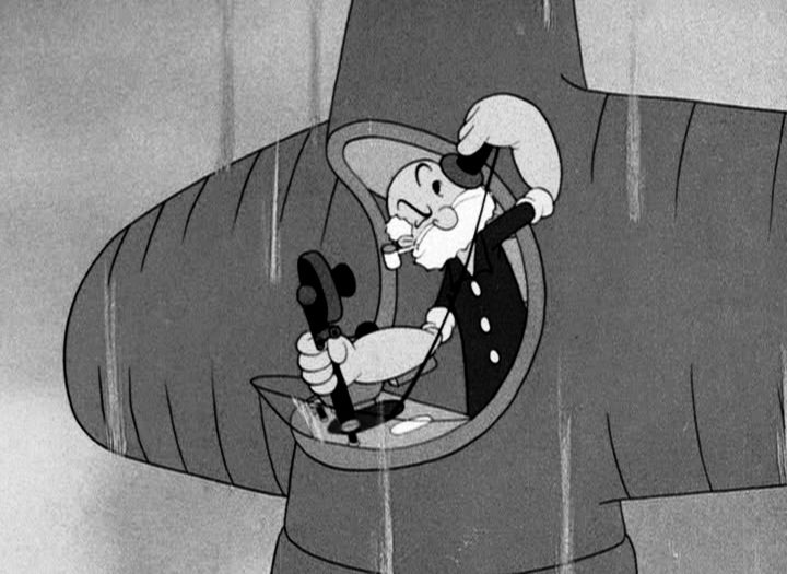 With his plane headed downward Poopdeck Pappy calls for help in Pest Pilot (Fleischer, 1941)