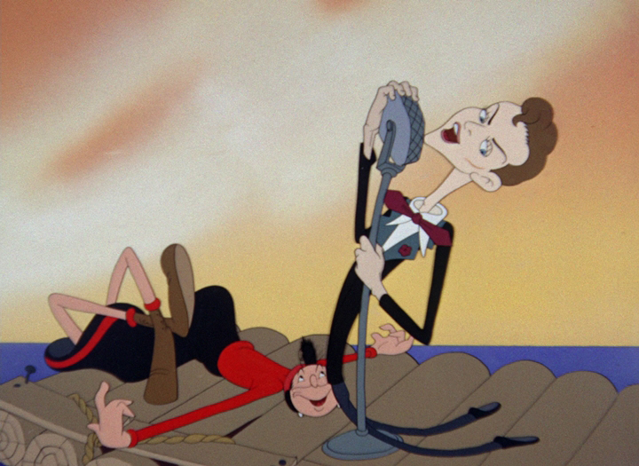 Frank Sinatra rescues Olive Oyl from being stranded on an island in Shape Ahoy (Famous Studios, 1945)