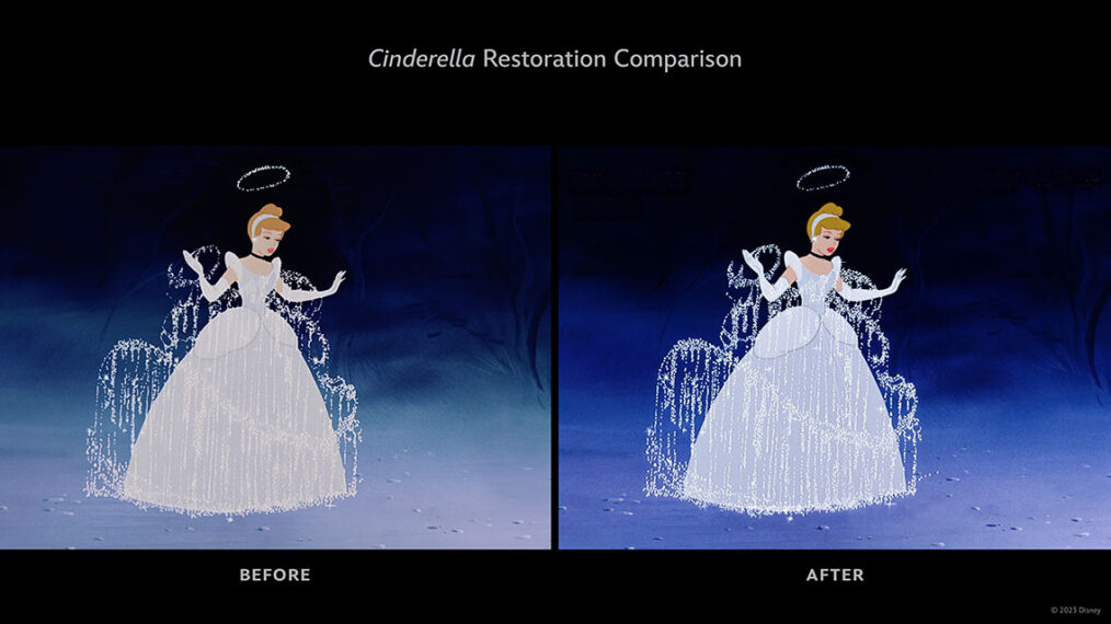 a before and after image for the 4K restored version of Disney's 1950 animated feature 