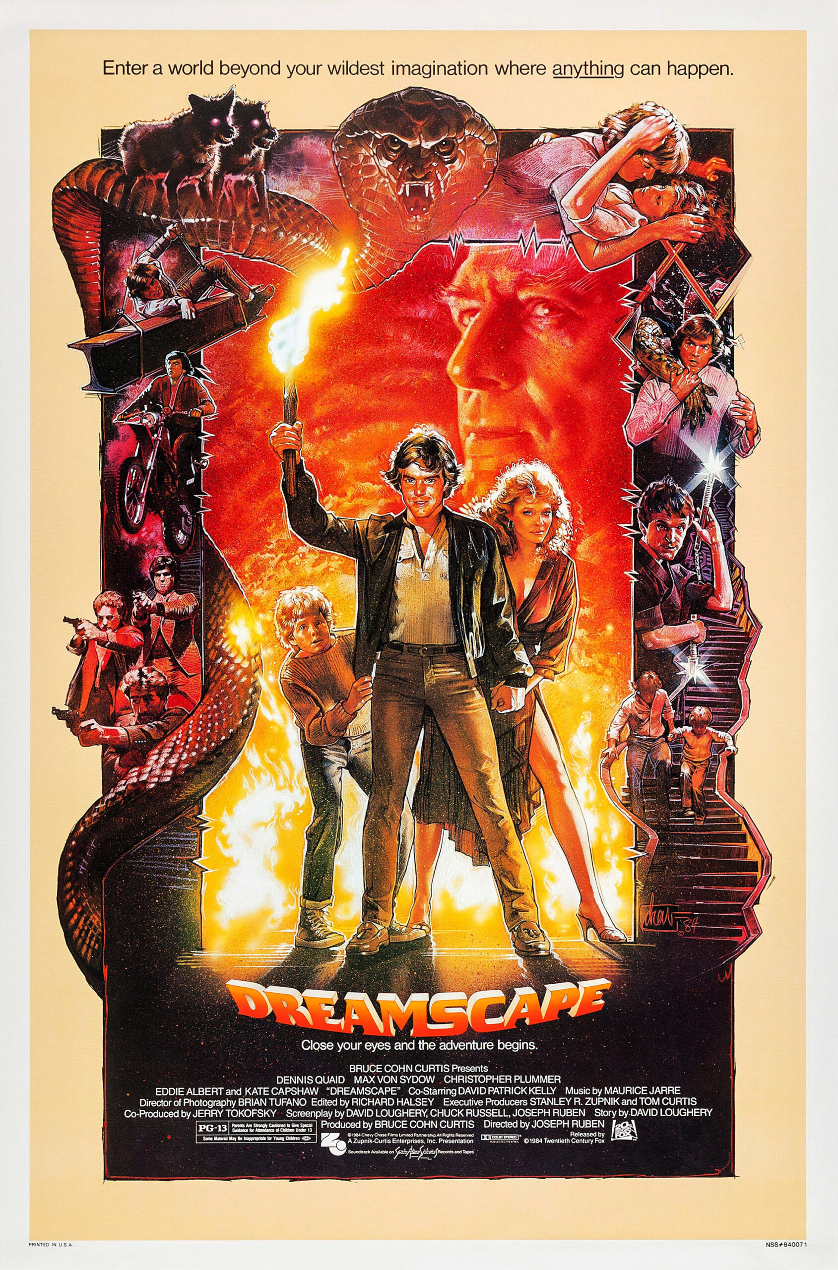 movie poster for "Dreamscape" (1984). It is an illustrated poster, featuring Dennis Quaid's character in the center, holding a flaming torch aloft as he guides Kate Capshaw's character (on his left) and a young boy (on his right) throughout a fiery orange nightmarish-looking world. Below them is the films' title and roster of credits.