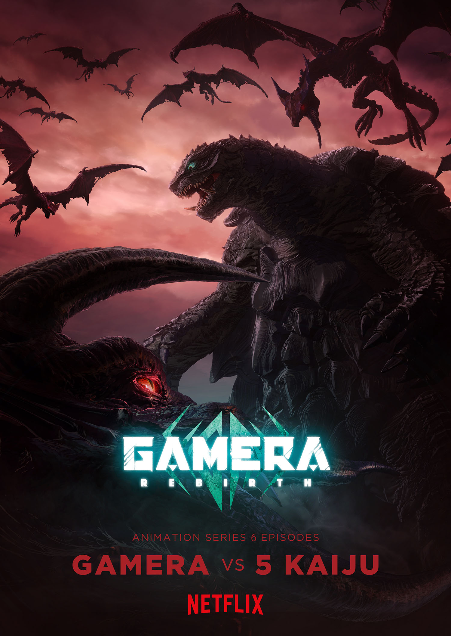 poster art for the Netflix series "Gamera: Rebirth." It depicts Gamera, the giant flying turtle from Japanese films, drawn in anime form against an apocalyptic/volcanic-looking backdrop on the right side of the vertical poster. We see him standing in a full-body shot as he faces monstrous adversaries attacking him from the air and the ground. Beneath the title "Gamera: Rebirth" in somewhat glowing letters, is the following, in red lettering: "Animation Series 6 Episodes" Below that reads "Gamera vs. 5 Kaiju" and below that is the Netflix logo.