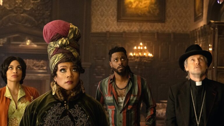 HAUNTED MANSION, from left: Rosario Dawson, Tiffany Haddis, LaKeith Stanfield, Owen Wilson, 2023.