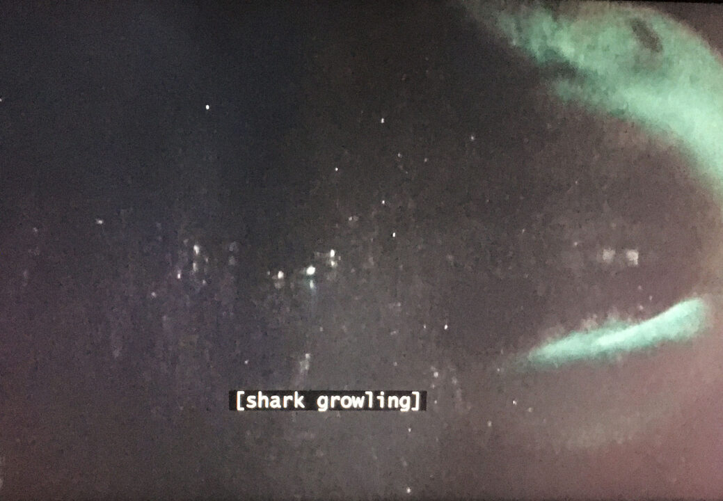 screenshot from a scene in the movie "Jaws 3." It is a closeup of the shark in some dark, murky water, approaching with its mouth open and teeth bared. A closed caption on the screen reads: "[shark growling]."