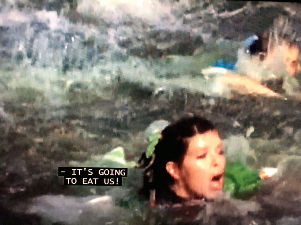 screenshot from the movie "Jaws 3." It is the scene where terrified water skiers, who have fallen into the water during a show at Sea World, are being pursued by the great white shark and are frantically swimming to safety. There is a closeup of one woman in the water, with a closed caption of what she is saying reading: "It's going to eat us!"