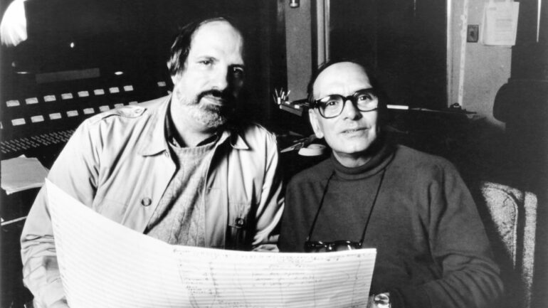 THE UNTOUCHABLES, from left: director Brian De Palma, composer Ennio Morricone, 1987.