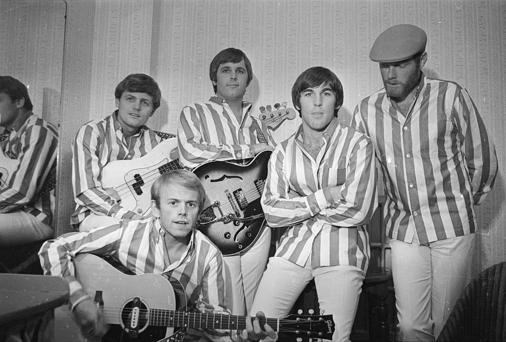 6th November 1966: American rock group The Beach Boys at the Finsbury Astoria. They are, (from left to right) Bruce Johnston, Al Jardine (front), Carl Wilson (1946 - 1998), Dennis Wilson (1944 - 1983), and Mike Love