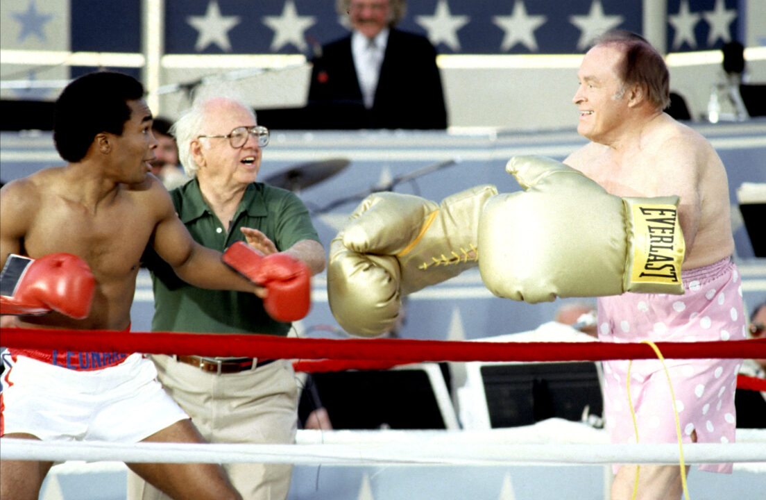 Sugar Ray Leonard, Mickey Rooney, and Bob Hope during Taping of Bob Hope USO 40th Anniversary Show at West Point in West Point, New York, United States. 