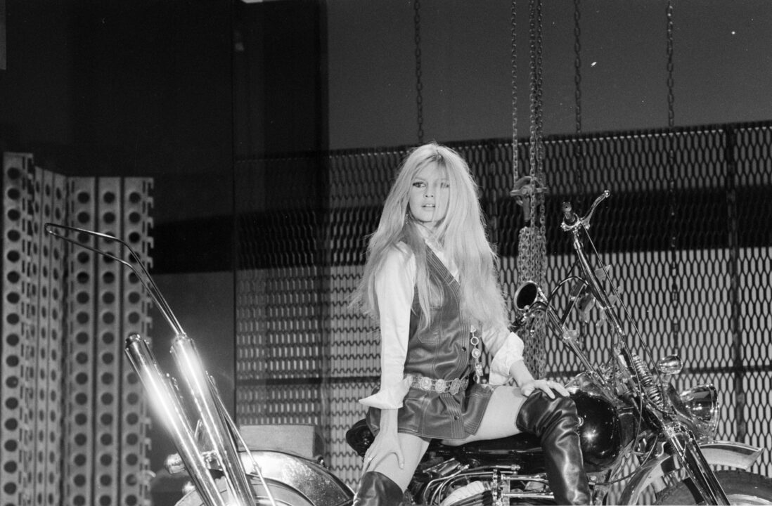 Brigitte Bardot on one Harley Davidson for the direction of Serge Gainsbourg's song ""Harley Davidson"" during his broadcast Show realized by Francois Reichenbach. 