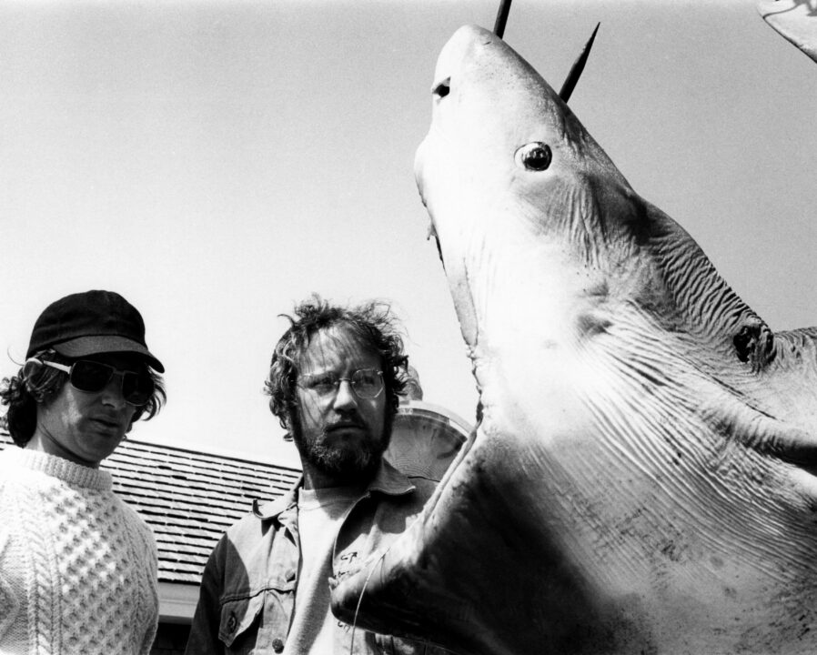 JAWS, from left: director Steven Spielberg, Richard Dreyfuss on set, 1975