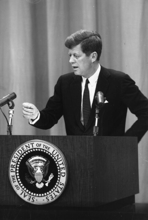 5th May 1961: American President John F Kennedy (1917 - 1963) holds a press conference shortly after the successful manned space flight. 