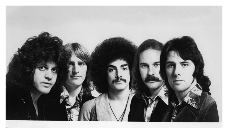 CIRCA 1975: Rock group Journey (l-R Gregg Rolie, Ross Valory, Neal Schon, George Tickner and Aynsley Dunbar pose for a CBS Photo circa 1975