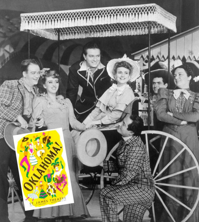 (Original Caption) This is the original company in the 1943 production of Oklahoma. From left are Lee Dixon, (Will Parker); Celeste Holm, (Ado Annie); Alfred Drake, (Curly); Joan Roberts, (Laurey); Joseph Buloff, (Ali Hakim); and Betty Garde, (Aunt Eller). The cast member behind Betty Garde is unidentified. Oklahoma is considered the first "concept" musical in the history of American musical theater. In their first major collaboration, Rodgers and Hammerstein agreed to abandon the old methods of writing musicals. Songs and lyrics were to evolve directly from the plot, rather than giving music to the story. In place of formal dance numbers, "American ballets" were added and were in character with the setting.