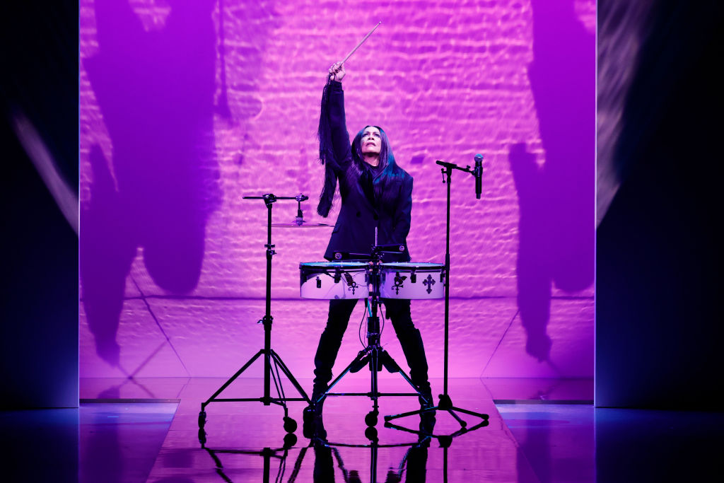 NEW YORK, NEW YORK - SEPTEMBER 09: Sheila E performs on the runway for Sergio Hudson SS22 during NYFW: The Shows at Gallery at Spring Studios on September 09, 2021 in New York City.