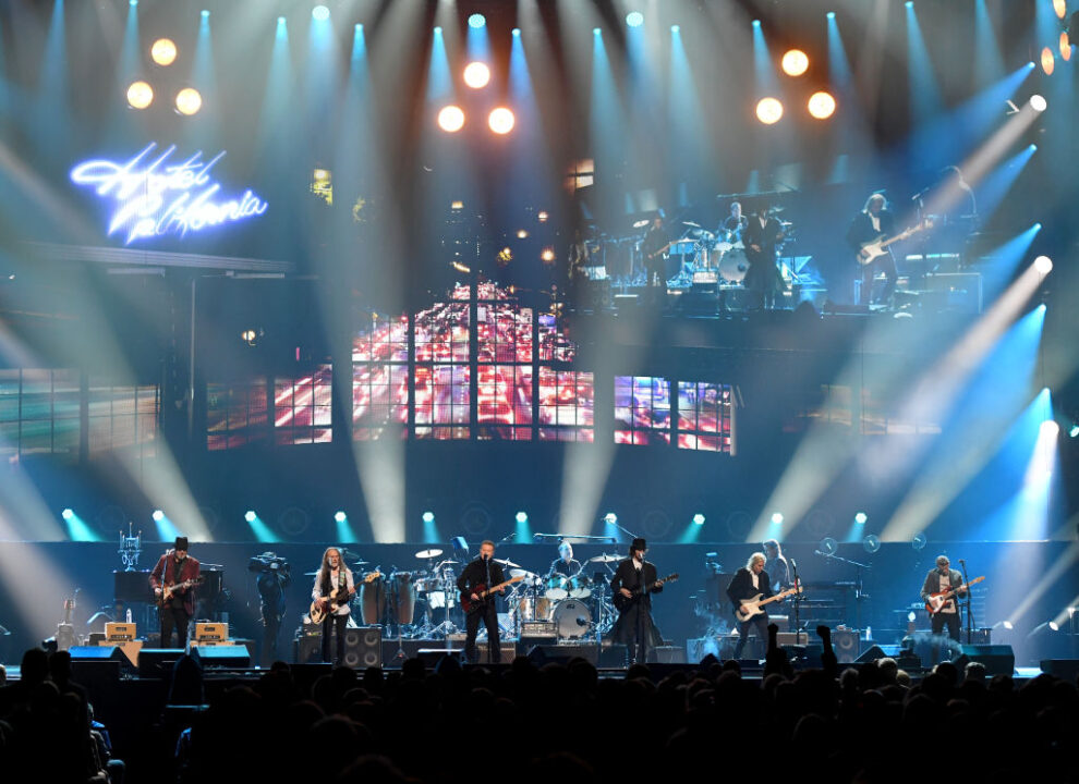 LAS VEGAS, NEVADA - SEPTEMBER 27: (L-R) Vince Gill, Timothy B. Schmit, Don Henley, Scott F. Crago, Deacon Frey, Joe Walsh and Steuart Smith of the Eagles perform at MGM Grand Garden Arena on September 27, 2019 in Las Vegas, Nevada