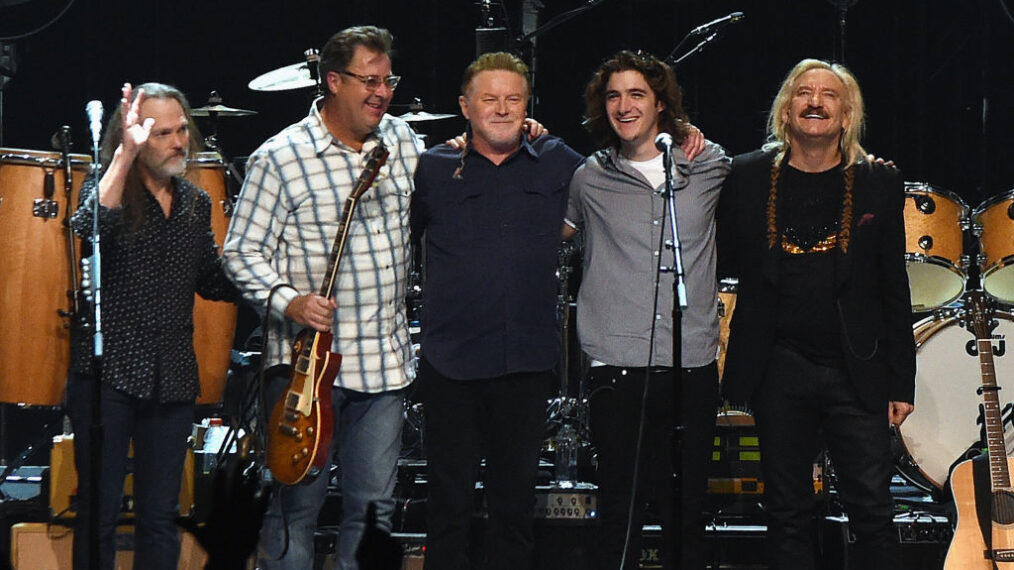NASHVILLE, TN - OCTOBER 29: Eagles, Timothy B. Schmit, Vince Gill, Don Henley, Decon Frey and Joe Walsh perform during the Eagles in Concert at The Grand Ole Opry on October 29, 2017 in Nashville, Tennessee