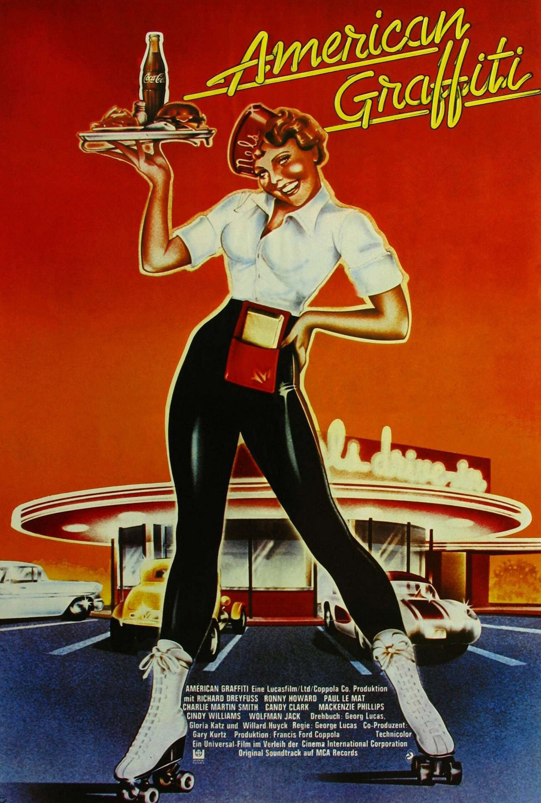 poster art for the 1973 movie "American Graffiti." It is an illustrated poster. At top is the film's title, designed in neon lettering like the type seen at an early 1960s drive-in. Below that is a large illustration of a female carhop wearing roller skates standing in the parking lot of a drive-in. She is smiling and holding up a tray containing a burger, fries and a bottle of Coke in her right hand. Behind her, two 1960s-era cars are parked at the main building of the drive-in, whose name, Mel's Drive-In, is featured in neon lettering on the building's side.