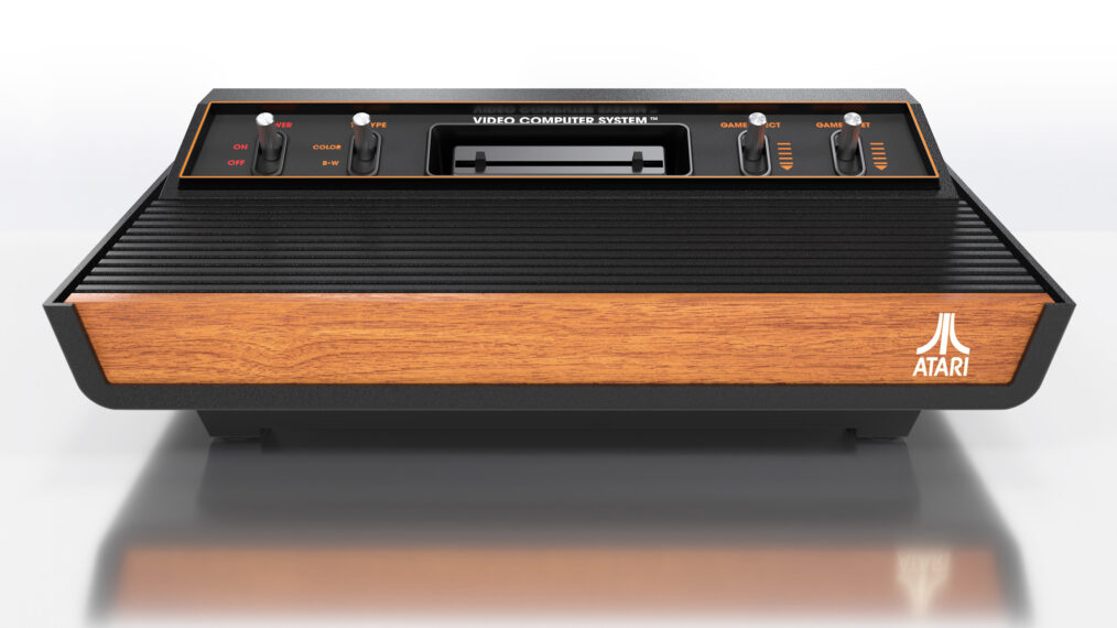 an image of the Atari 2600+ video game console, a smaller version of the original Atari 2600 Video Computer System console of the 1970s that is backfitted to play original games as well as new ones.