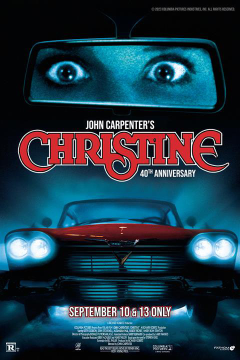 poster for the 40th anniversary theatrical re-release of the 1983 movie "Christine." The illustration is seen from the view of the driver of a car, which appears to be a woman based on the eyes we can see looking back at us in the rear view mirror. Those eyes are widened in terror, because immediately in front of this car, and heading toward it, is Christine, the haunted red 1958 Plymouth Fury automobile. An eerie pale blue hue tints most of the poster, except for Christine, which is red, and the movie's title Christine, spelled out below the rear view mirror.