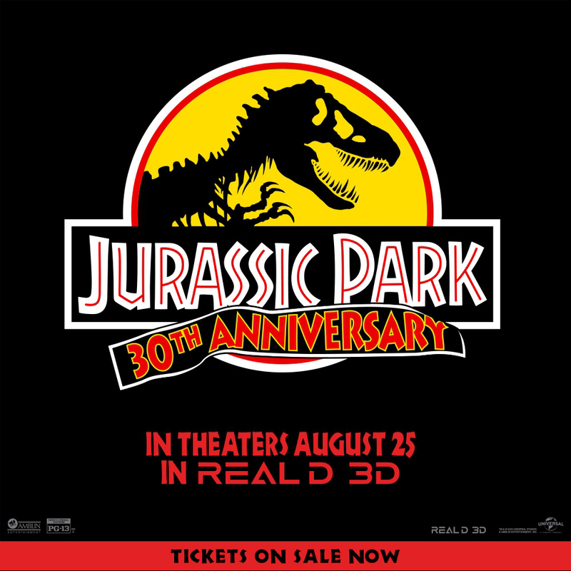 poster for the August 2023 30th anniversary theatrical re-release of the 1993 movie "Jurassic Park" in RealD 3D-equipped theaters