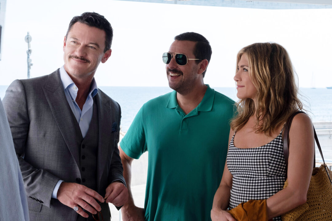 MURDER MYSTERY, from left: Luke Evans, Adam Sandler, Jennifer Aniston, 2019.
