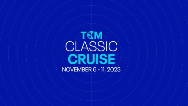 logo for TCM's 2023 Classic Cruise. The image features a dark blue backdrop, with circular images emanating out from the center, looking like a radar screen. In the center are the words 