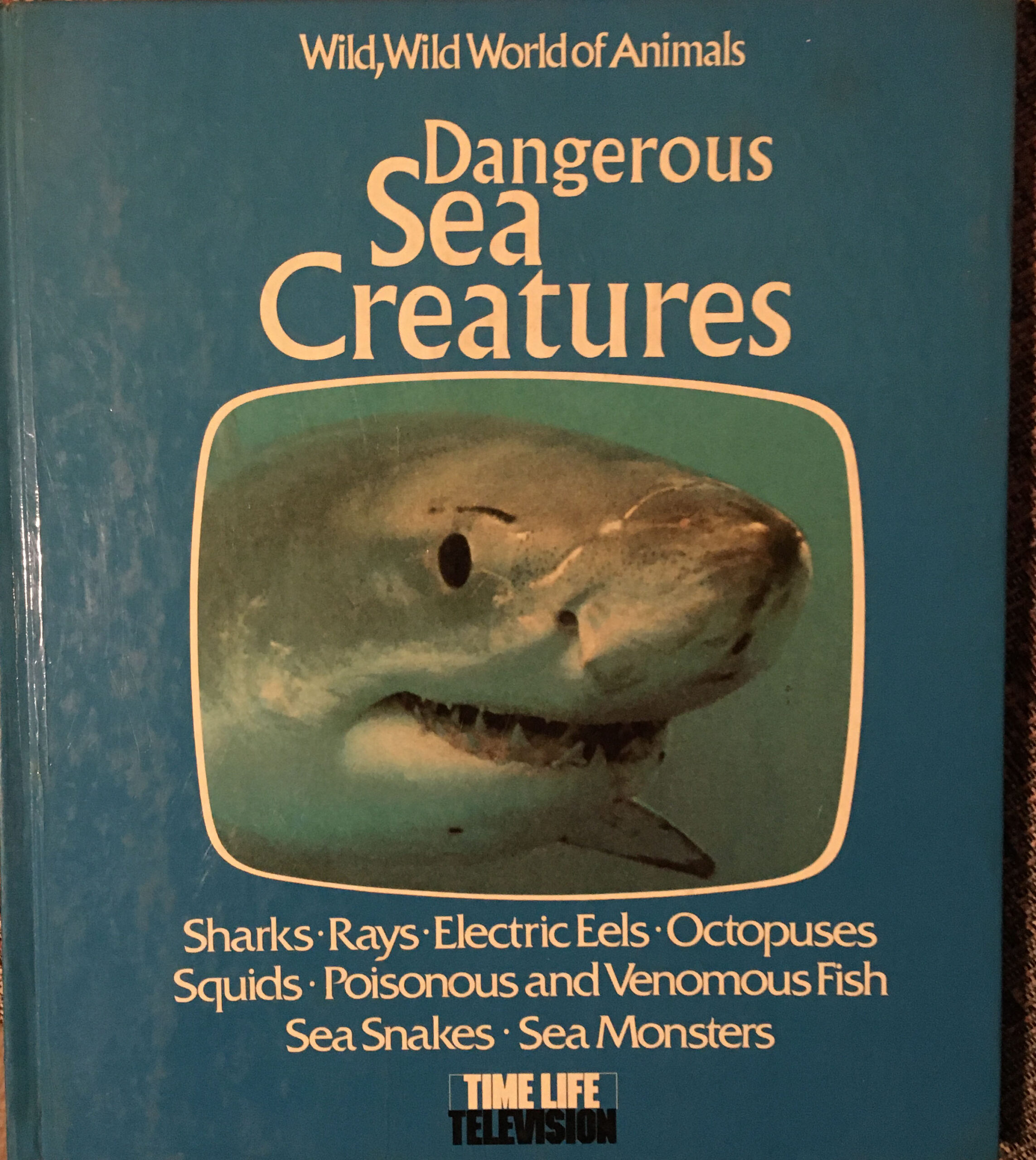 cover of the hardcover book "Dangerous Sea Creatures," part of the "Wild, Wild World of Animals" book series from Time-Life Books in the 1970s. The book is colored light blue and the lettering on it is white. At the very top reads "Wild, Wild World of Animals." Below that is the title "Dangerous Sea Creatures." Right below that is a photo of a great white shark within a TV screen-shaped box. Below that is a list of some of the creatures found in the book: "Sharks Rays Electric Eels. Octopuses. Squids. Poisonous and Venomous Fish. Sea Snakes. Sea Monsters." Right below that is the logo for the publisher, Time-Life Television, who also produced the series on which the books were based.