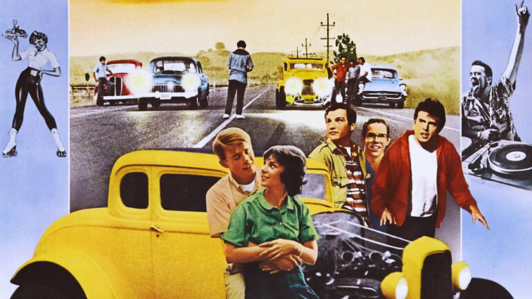 AMERICAN GRAFFITI, from left: Ron Howard, Cindy Williams, Richard Dreyfuss, Charles Martin Smith, Paul Le Mat, far right: Wolfman Jack on Japanese poster art, 1973.