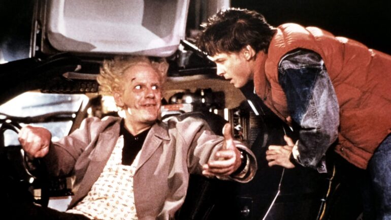 BACK TO THE FUTURE, from left, Christopher Lloyd, Michael J. Fox, 1985