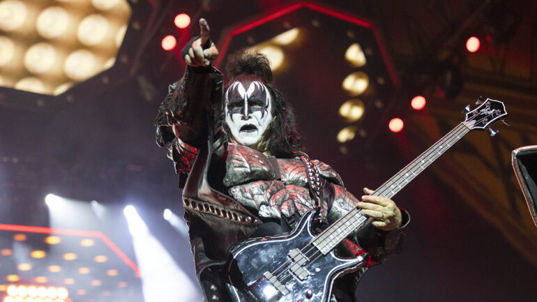 02 July 2023, North Rhine-Westphalia, Cologne: Gene Simmons, singer and bassist, of the US band Kiss is on stage during a concert in Cologne at the Lanxess Arena. As part of their farewell world tour 