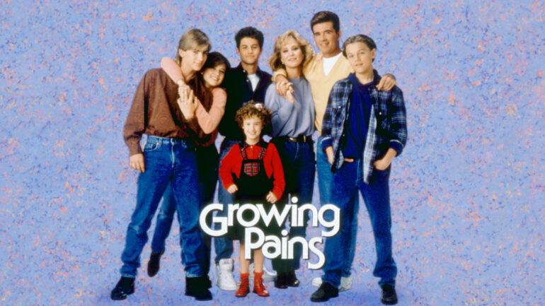 GROWING PAINS, back row: Jeremy Miller, Tracey Gold, Kirk Cameron, Joanna Kerns, Alan Thicke, Leonardo DiCaprio, front row: Ashley Johnson, 1985-1992