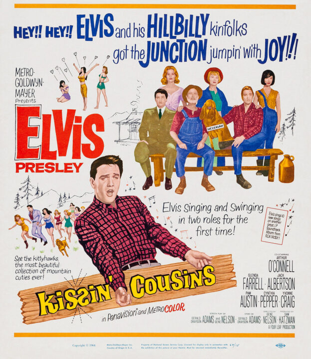 KISSIN' COUSINS, US poster, Elvis Presley, sitting on bench from left: Elvis Presley, Arthur O'Connell, Elvis Presley, back row from left: Pamela Austin, Glenda Farrell, Yvonne Craig, 1964