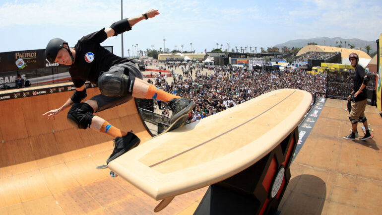 VENTURA, CALIFORNIA - JULY 23: Tony Hawk competes in the Men's Skateboard Vert Best Trick during the X Games California 2023 on July 23, 2023 in Ventura, California