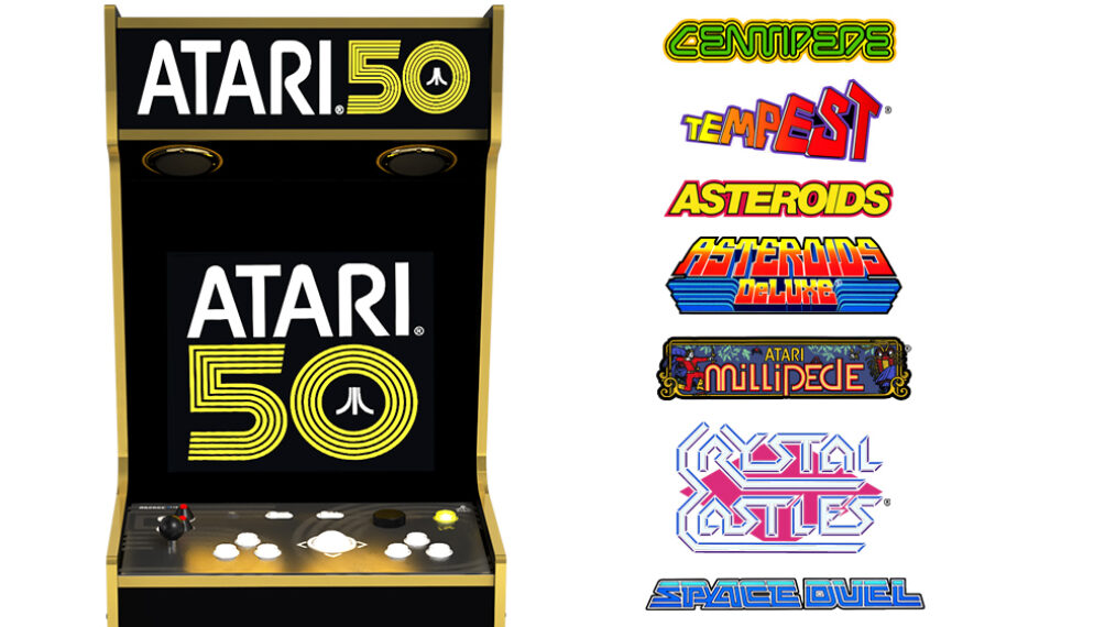 promo image for the 14 arcade games that are built into Arcade1Up's Atari 50th Anniversary Deluxe Arcade Machine cabinet. To the left of the vertical image is a picture of the arcade cabinet itself, with the list of games on the right. From top to bottom, the listed games (using their title logos from their original arcade cabinets) are: Centipede, Tempest, Asteroids, Asteroids Deluxe, Millipede, Crystal Castles, Space Duel, Major Havoc, Missile Command, Gravitar, Akka Arrh, Liberator, Super Breakout and Lunar Lander.